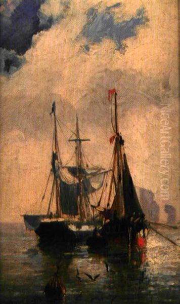 Bateaux En Mer (pair) Oil Painting by Jules Achille Noel