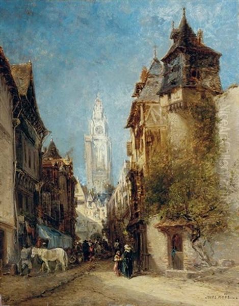 A French Market Town Oil Painting by Jules Achille Noel