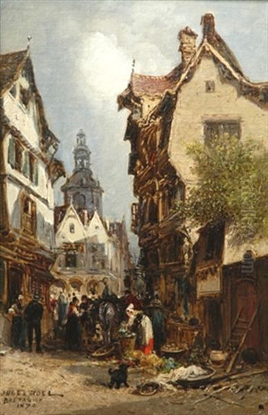 La Marchande De Legumes, Ruelle Animee Bretagne Oil Painting by Jules Achille Noel