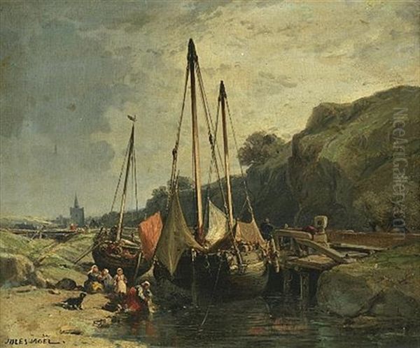 Ships Along The Pier With Family Frolicking Along The Riverbank Oil Painting by Jules Achille Noel