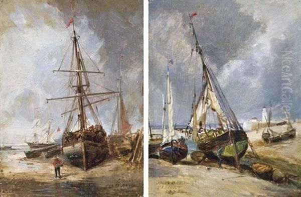 Bateaux Echoues A Maree Basse Devant Le Phare Du Treport (+ Goelette Echouee A Maree Basse; Pair) Oil Painting by Jules Achille Noel