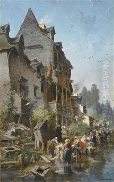 Lavandieres Au Bord D'un Ruisseau Oil Painting by Jules Achille Noel