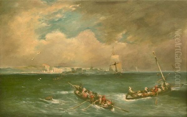 Boats And Ships At Sea Oil Painting by Jules Achille Noel