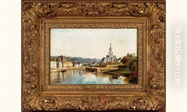 Le Fleuve Laita Et L'eglise Sainte-croix A Quimperle Oil Painting by Jules Achille Noel