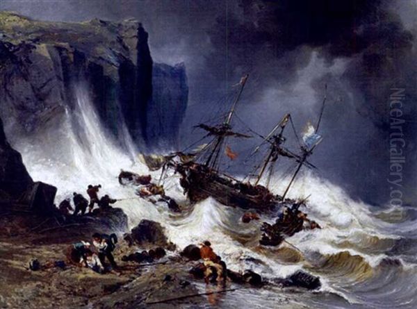 Shipwreck Off A Stormy Coast Oil Painting by Jules Achille Noel