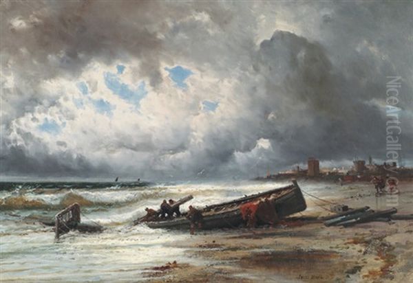 L'arrivee Des Bateaux Sur La Plage Oil Painting by Jules Achille Noel