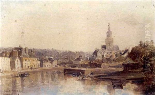 Le Fleuve Laita Et L'eglise Sainte-croix A Quimperle Oil Painting by Jules Achille Noel