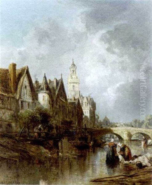 Women Washing Along The Banks Of A River With A Town Beyond by Jules Achille Noel