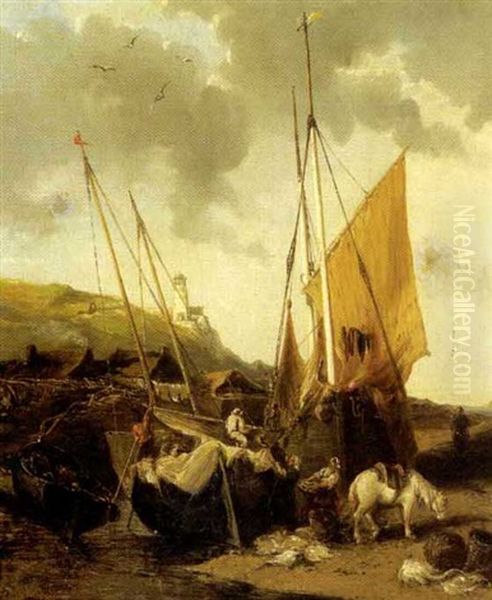 Scene De Port A Maree Basse Sous Le Phare Du Treport Oil Painting by Jules Achille Noel