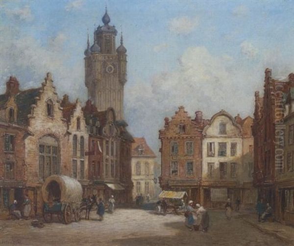 Stadplatz In Bergues Oil Painting by Jules Achille Noel