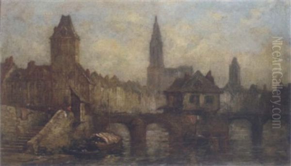 Barges Moored At Bridge In Paris Oil Painting by Jules Achille Noel