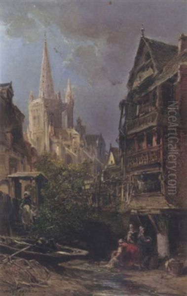 Scene De Rue A Morlaix Oil Painting by Jules Achille Noel