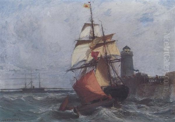 Schiffe Vor Einem Leuchtturm Oil Painting by Jules Achille Noel