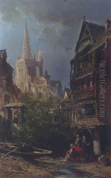 Scene De Rue A Morlaix Oil Painting by Jules Achille Noel