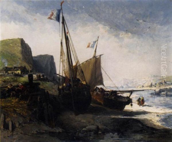 Dutch Fishing Boats Moored On The Shore Oil Painting by Jules Achille Noel