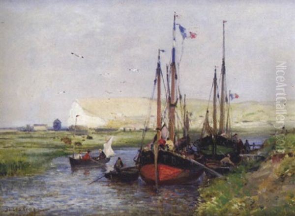 Embarcation Sur Une Riviere Au Treport by Jules Achille Noel