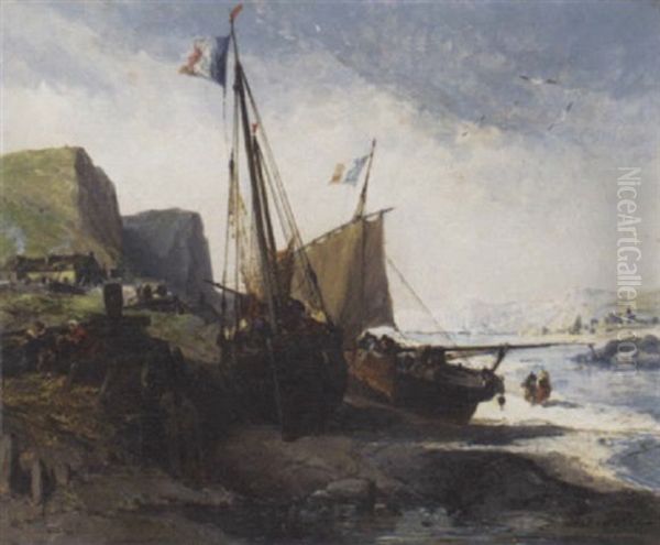 Dutch Fishing Boats Moored On The Shore Oil Painting by Jules Achille Noel