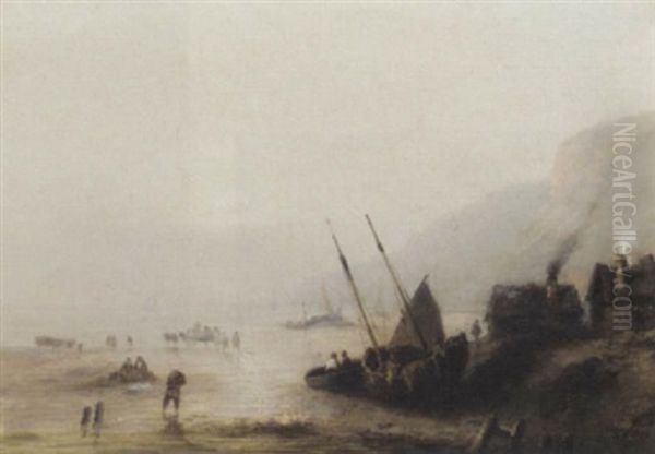 Figures Gathering Seaweed And A Moored Sailboat On A Rocky Coastline by Jules Achille Noel