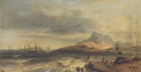 Navires Aux Abords Du Rivage Oil Painting by Jules Achille Noel