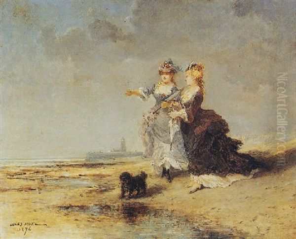 Elegantes Et Leur Bichon Sur La Plage Oil Painting by Jules Achille Noel