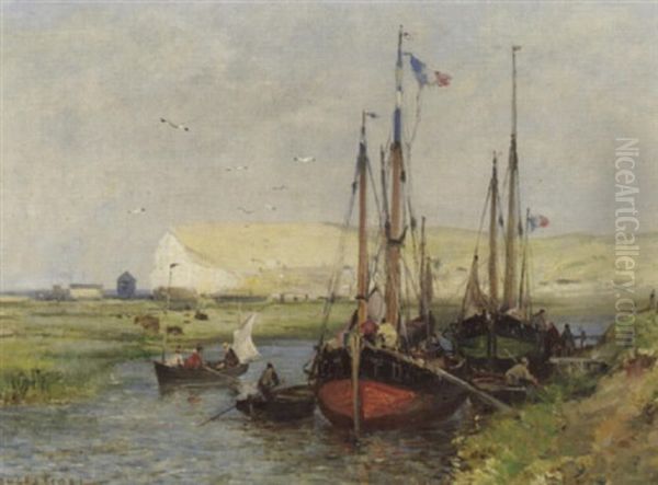 Kanallandschaft Mit Segelschiffen Oil Painting by Jules Achille Noel