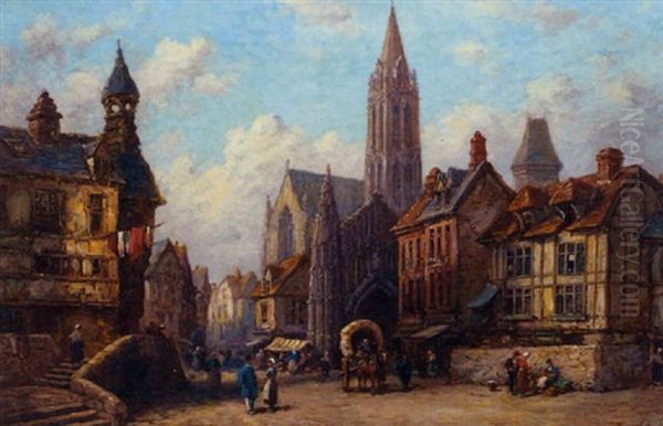 A Continental Town Scene Oil Painting by Jules Achille Noel