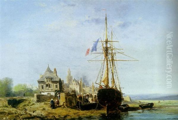 A Village Quai At Low Tide, Brittany Oil Painting by Jules Achille Noel