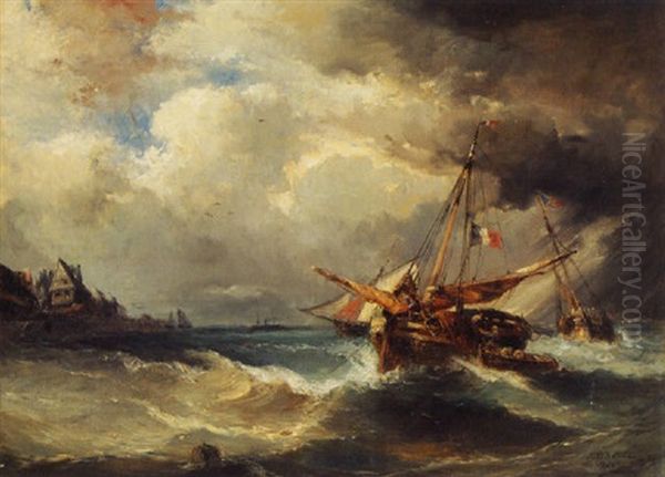 French Fishing Vessels In Rough Seas Oil Painting by Jules Achille Noel