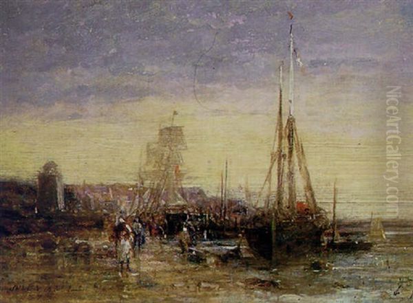 Bateaux A Quai Oil Painting by Jules Achille Noel