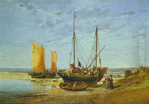 Les Preparatifs Des Bateaux De Peche Oil Painting by Jules Achille Noel