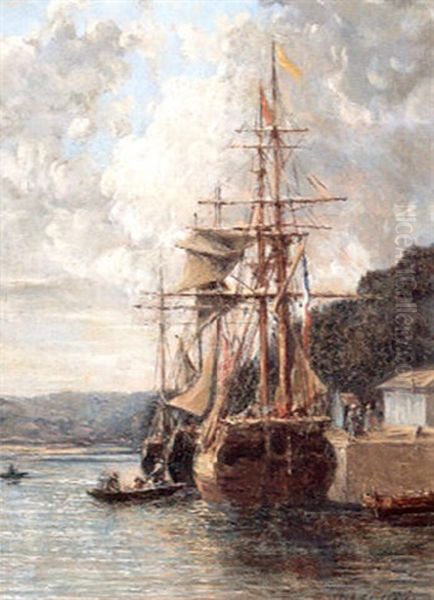 Les Voiliers A Quai A Hennebon Oil Painting by Jules Achille Noel