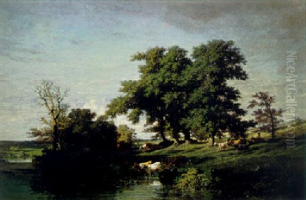 Landscape With Animals Watering Oil Painting by Jules Achille Noel