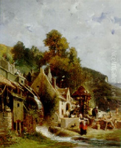 Laundresses Gathered By A Mill Stream Oil Painting by Jules Achille Noel