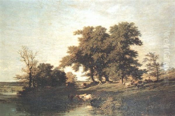 Cattle On The Banks Of A River Oil Painting by Jules Achille Noel