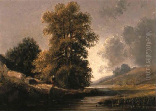 Wooded River Landscape With Figure On A Track Oil Painting by Jules Achille Noel