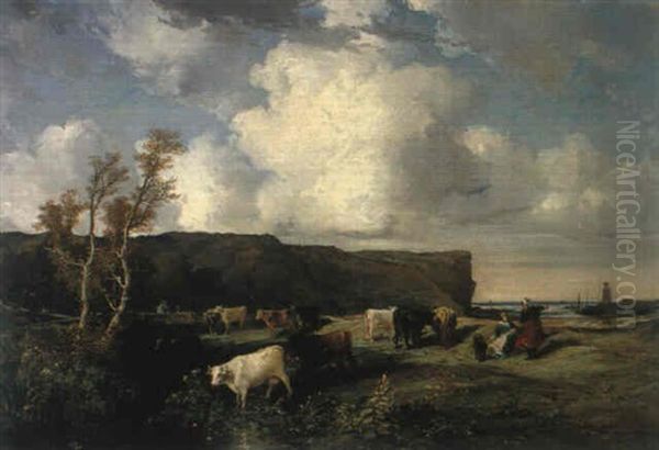 Grand Paysage Et Marine Avec Troupeau De Vaches Oil Painting by Jules Achille Noel