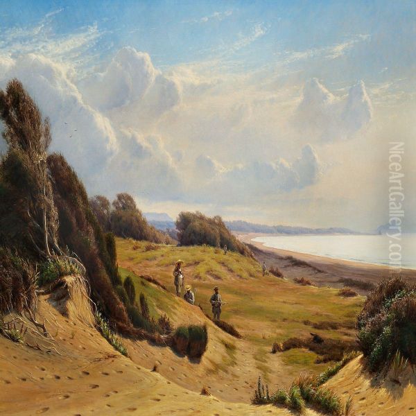 Hunters In The Sand Hills At A Danish Coast Oil Painting by Rudolf Bissen