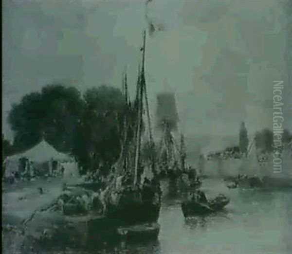 French Fishing Boats In A Harbour Oil Painting by Jules Achille Noel