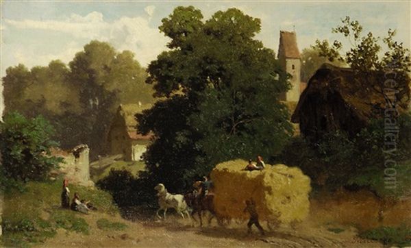 Heuwagen Auf Der Heimfahrt Oil Painting by Julius Noerr