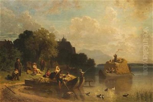 Boats Off The Shore Oil Painting by Julius Noerr