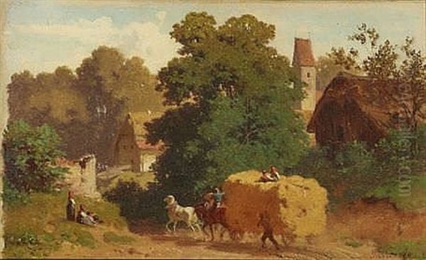 Strohwagen Vor Bauerngehoft Oil Painting by Julius Noerr