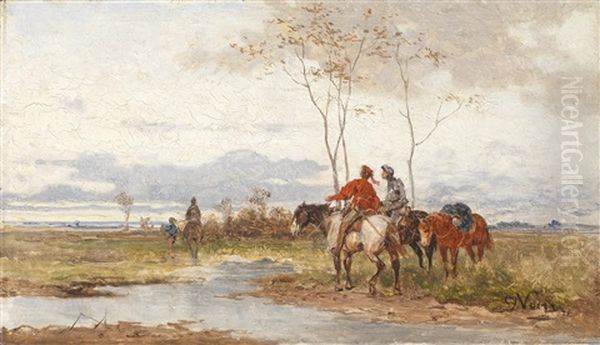 Horsemen In An Open Landscape Oil Painting by Julius Noerr