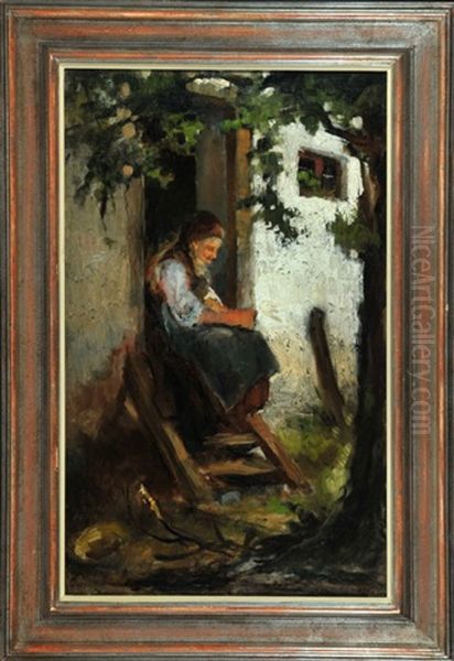 Am Hauseingang Sitzende Bauerin Oil Painting by Julius Noerr