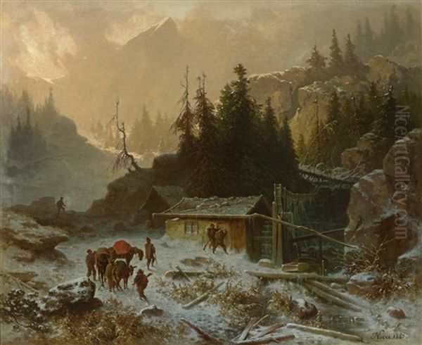 Schmuggler Vor Berghutte In Winterlicher Verschneiter Hochgebirgslandschaft Oil Painting by Julius Noerr