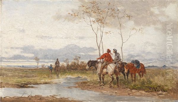 Reiter In Einer Weiten Landschaft Oil Painting by Julius Noerr