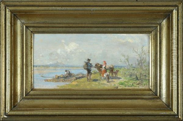 Isarfloser Mit Personen Am Ufer Oil Painting by Julius Noerr