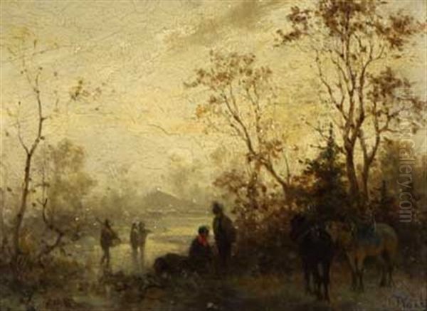 Ausflugler Am Winterlichen Seeufer Oil Painting by Julius Noerr