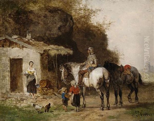 Rast - Vor Einer Kleinen Kate Lasst Sich Ein Reiter Eine Erfrischung Bringen, Zwei Kinder Stehen Neugierig Bei Ihm Oil Painting by Julius Noerr