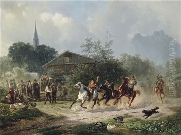 Das Wettrennen Oil Painting by Julius Noerr