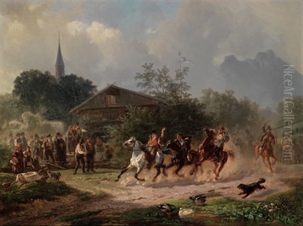 Das Wettrennen Oil Painting by Julius Noerr